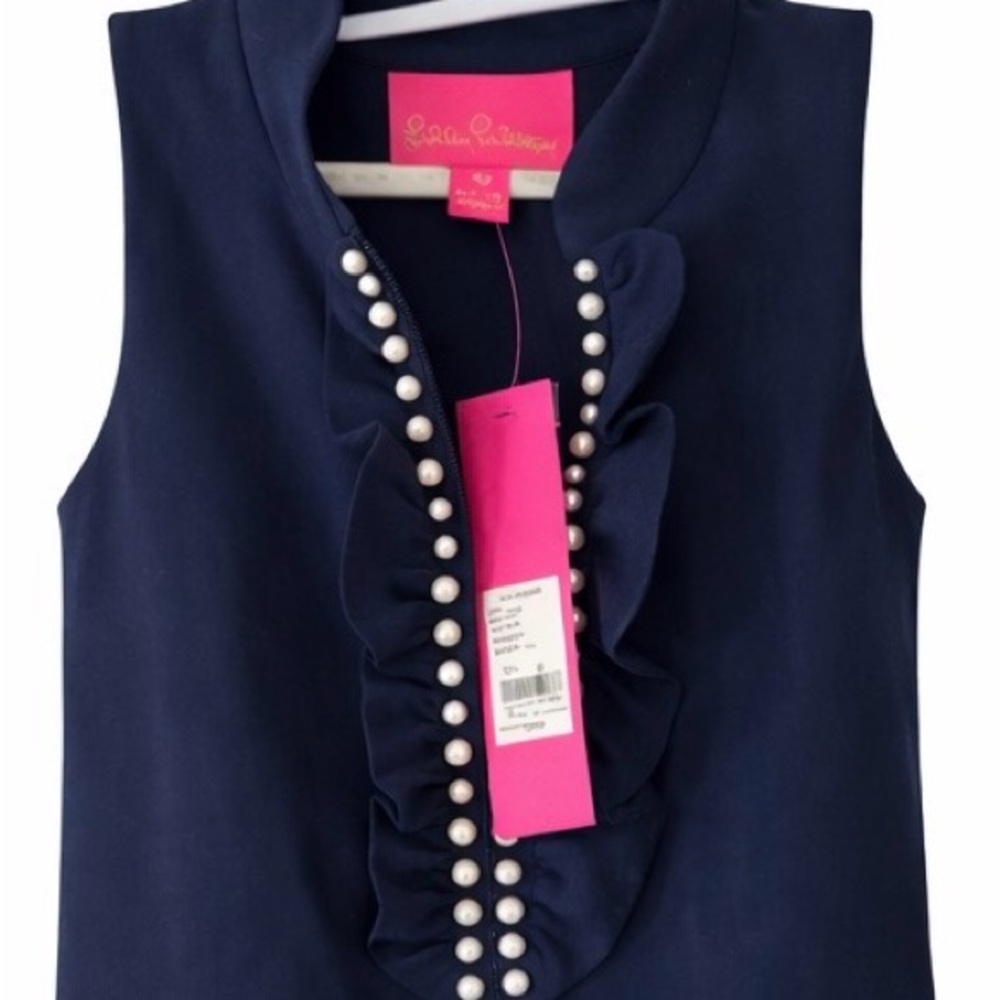 Lilly Pulitzer Adalee Shift Dress True Navy Pearl Ruffle NWT Size 00 - Picture 2 of 4
